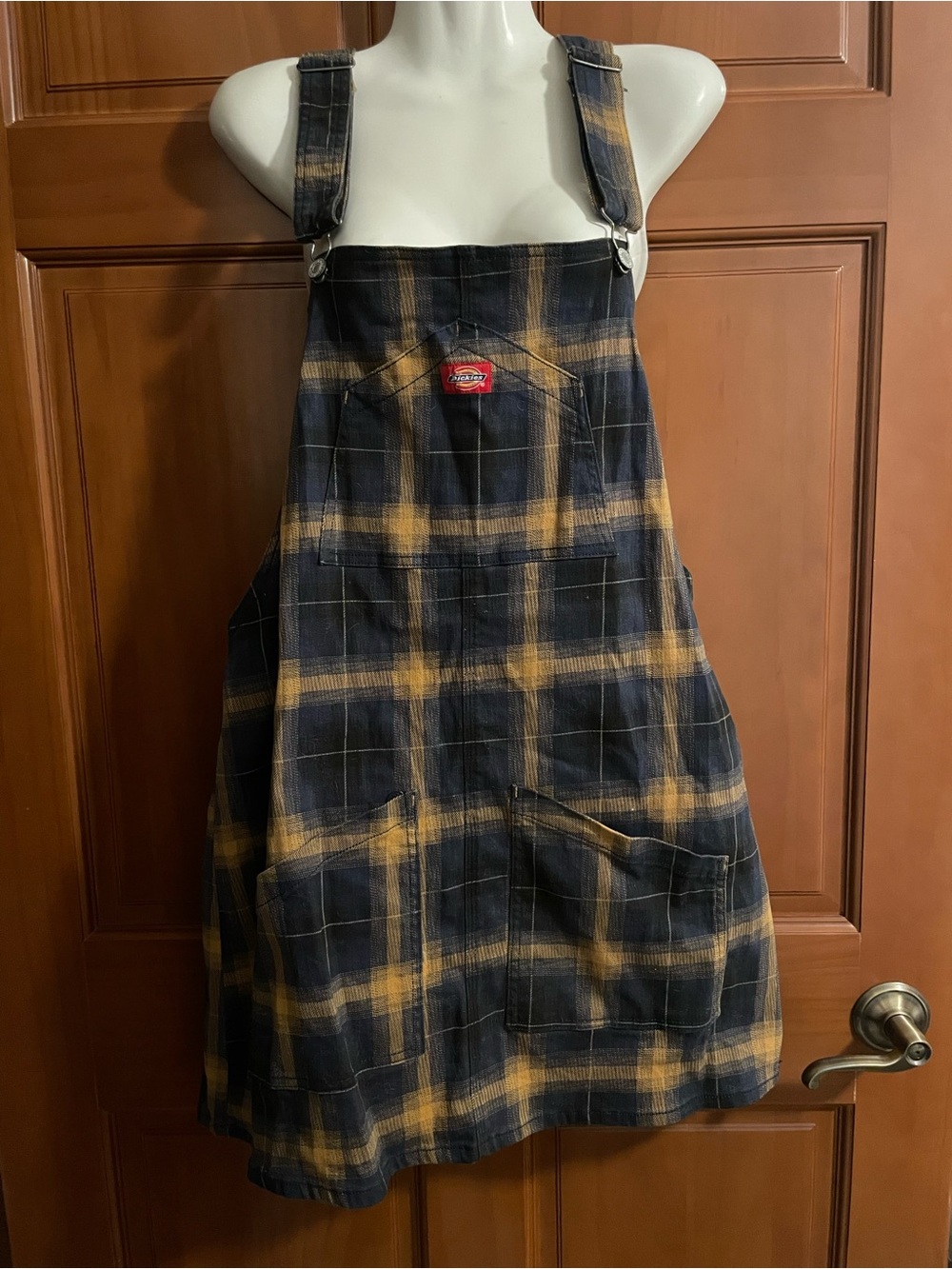 Dickies Plaid Duck Overall Dress in Navy & Mustard